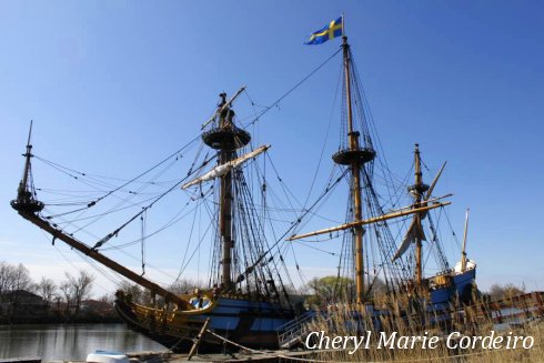Kalmar Nyckel calm beyond reeds. Kalmar Nyckel calm beyond reeds.