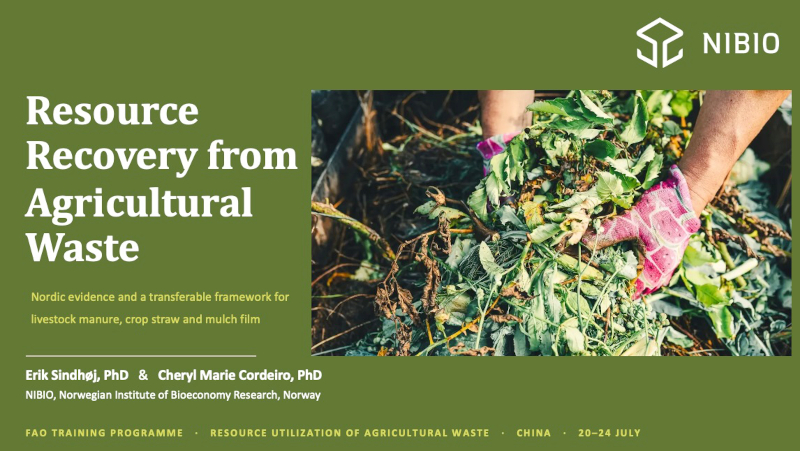 Title slide of the NIBIO presentation, Resource Recovery from Agricultural Waste